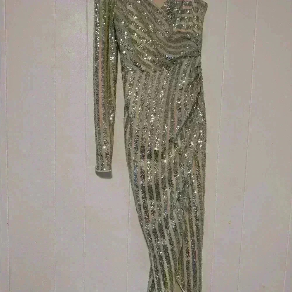Silver sequin one-shoulder midi dress - Picture 1 of 8